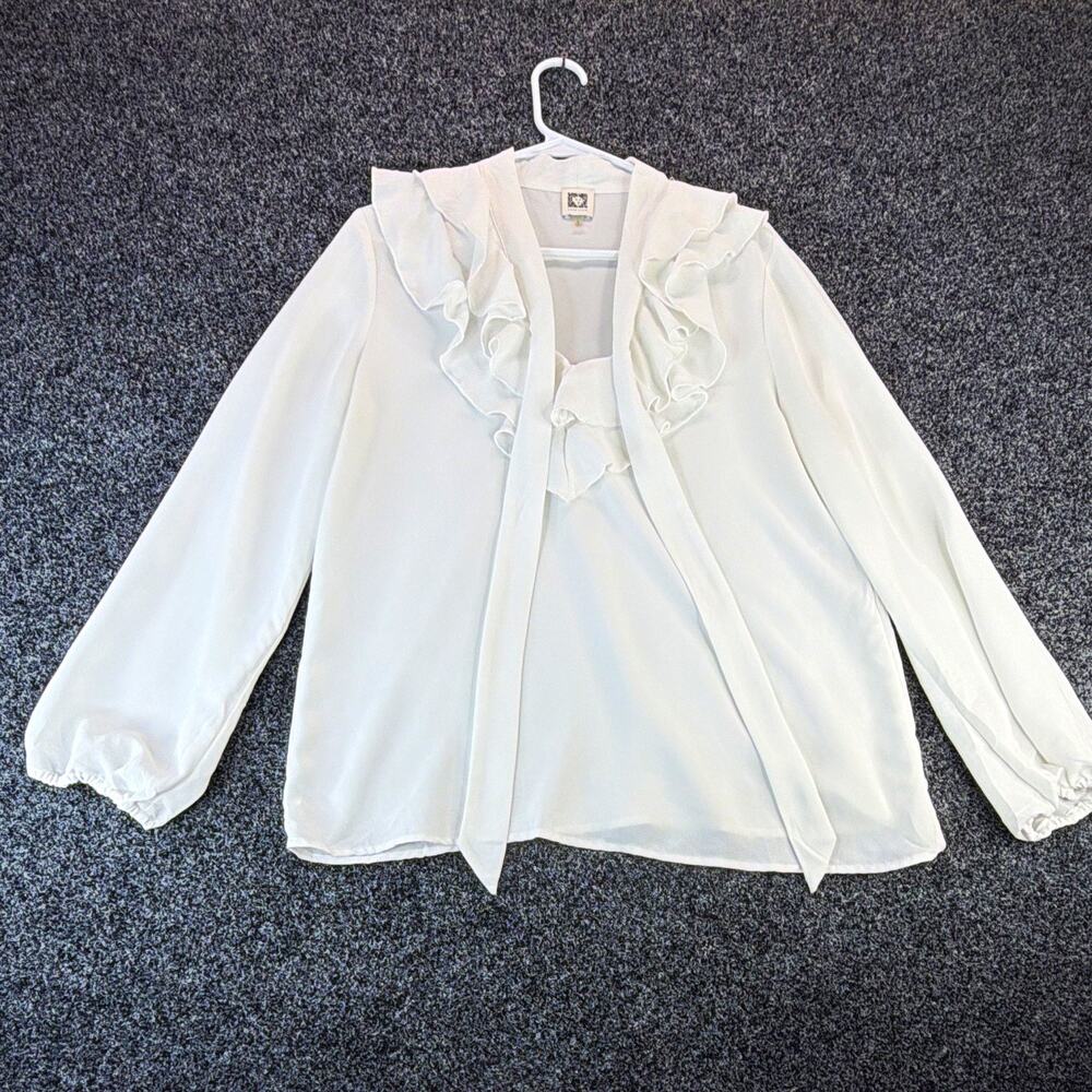 Anne Klein Women's White Chiffon Ruffle Tie Neck V-Neck Blouse Long Sleeve L